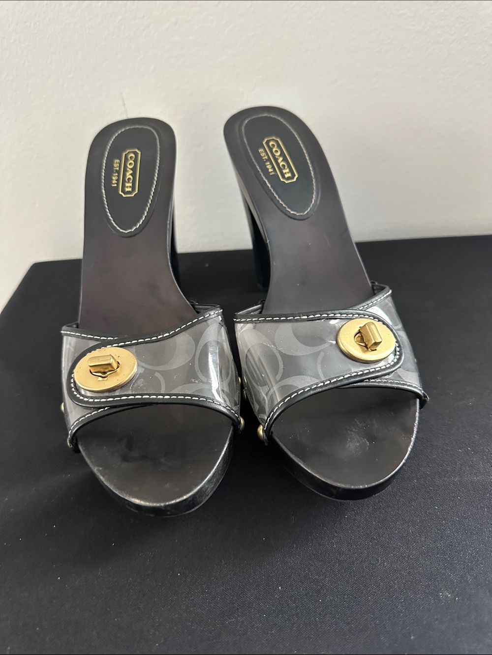 Coach Gray Signature Slide Sandals with Gold Turn-Lock